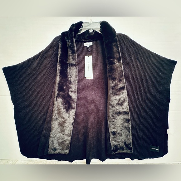 Calvin Klein Black Faux Fur Trim Knit Open Front Wrap Poncho Cape - Picture 4 of 5